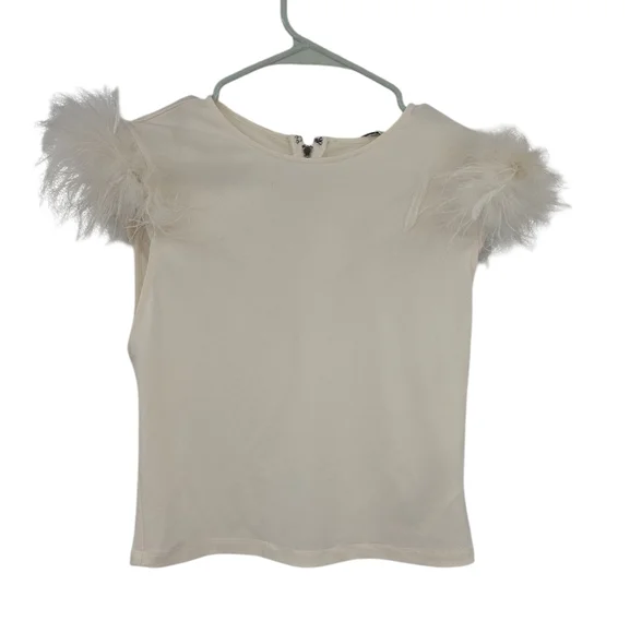 Alice + Olivia Cream Feather Sleeve Crop Top - Picture 2 of 8